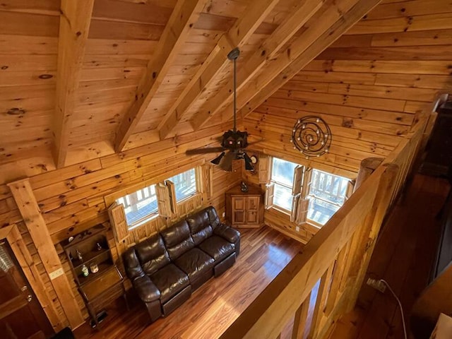 living area featuring lofted ceiling with beams, wood ceiling, wooden walls, and wood finished floors