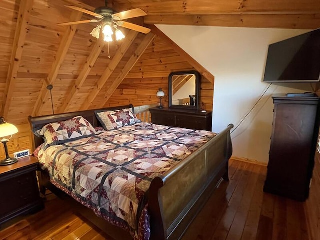 bedroom with wood-type flooring, wooden ceiling, wood walls, and lofted ceiling with beams