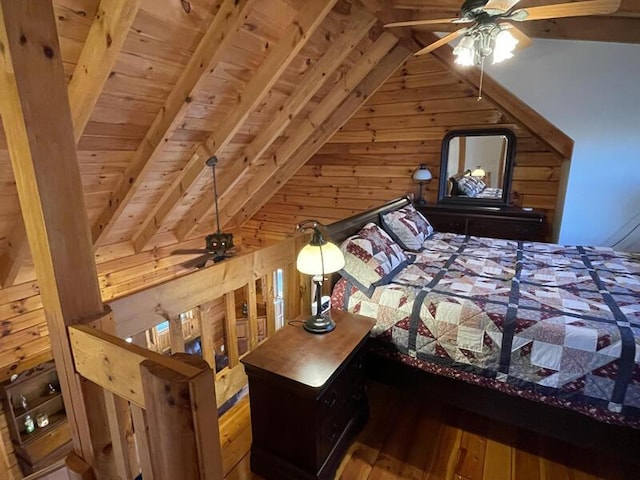 unfurnished bedroom featuring wood ceiling, wood walls, lofted ceiling with beams, and hardwood / wood-style flooring