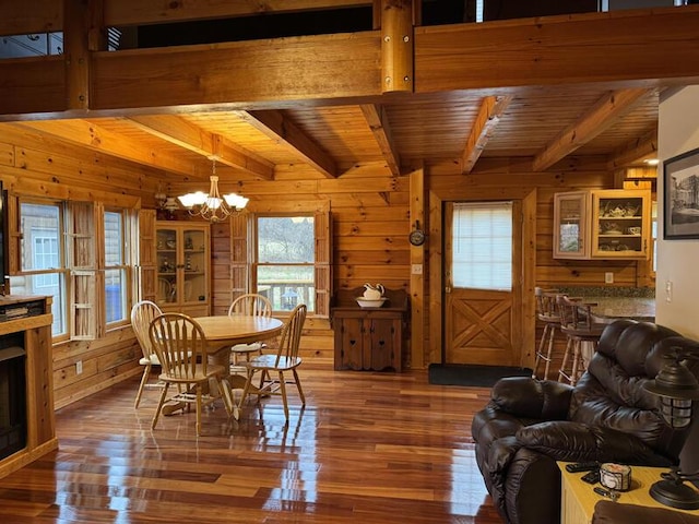 dining space with wooden walls, wooden ceiling, wood finished floors, beamed ceiling, and a chandelier