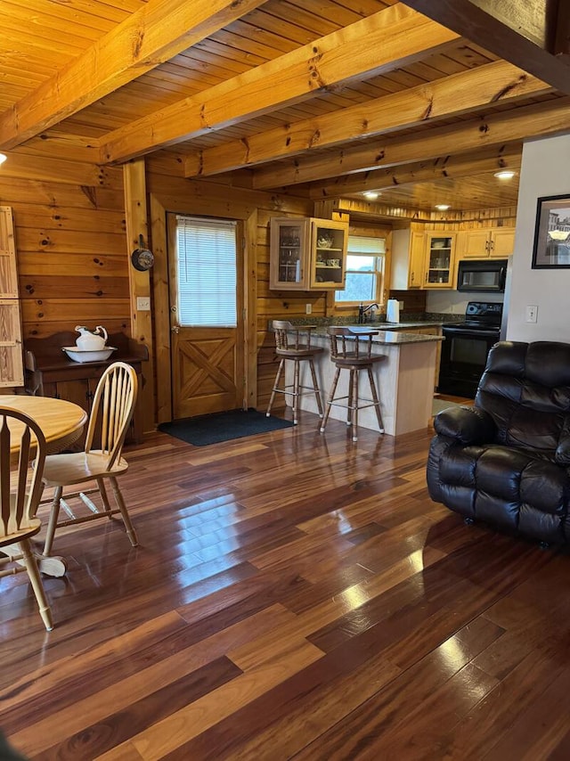 living room featuring dark wood-type flooring, beamed ceiling, wood ceiling, and wooden walls