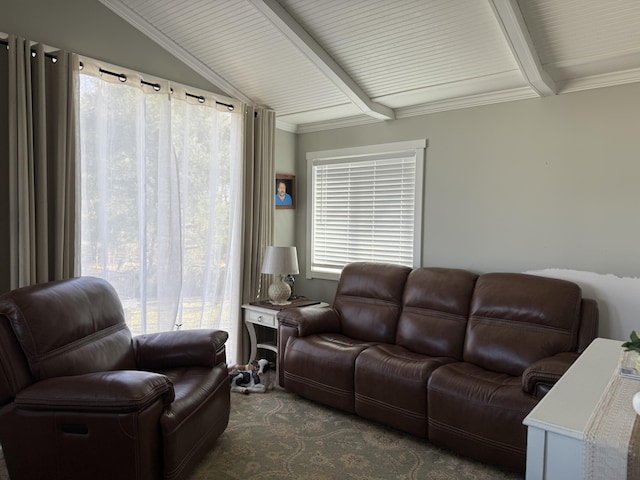 living room with lofted ceiling with beams