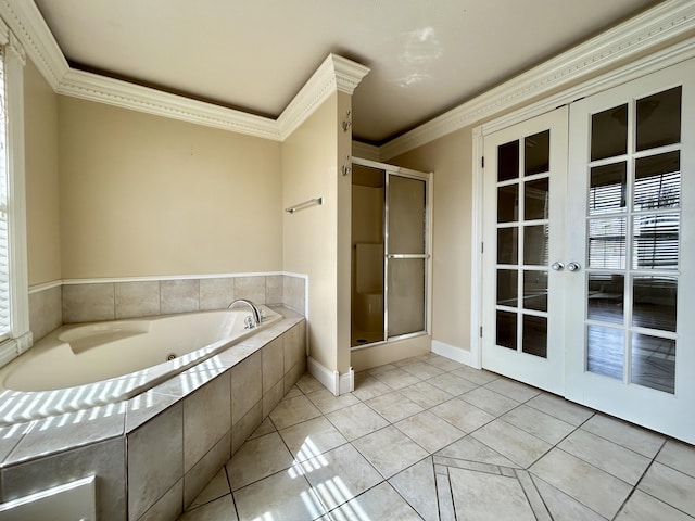 full bathroom with french doors, crown molding, a stall shower, tile patterned flooring, and a bath