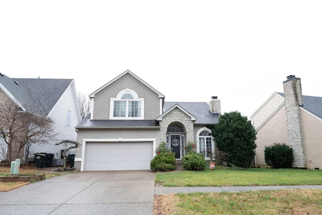 view of front of property with stucco siding, concrete driveway, a garage, stone siding, and a front lawn