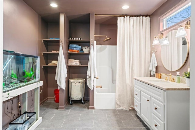 full bath featuring shower / bath combination with curtain, recessed lighting, tile patterned flooring, and vanity