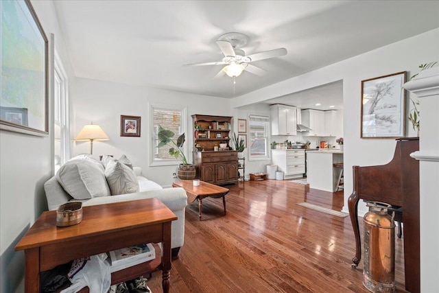 living room featuring ceiling fan and wood finished floors