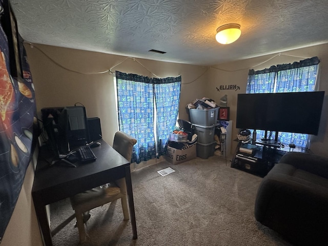 office space featuring a textured ceiling and carpet flooring