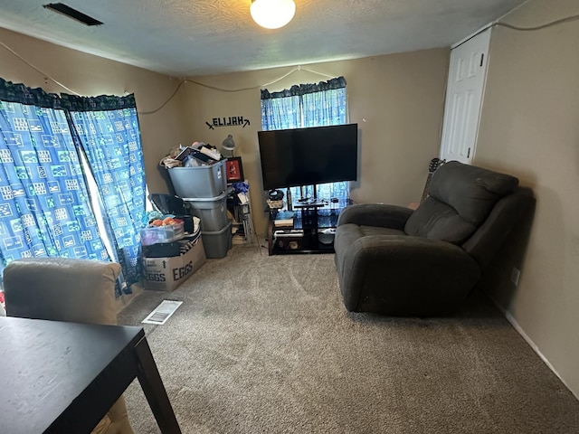 carpeted living room with a textured ceiling