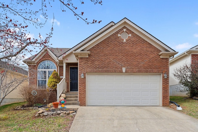 view of front of home with an attached garage, concrete driveway, and brick siding