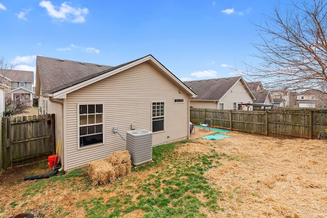 back of property featuring a residential view, a fenced backyard, and roof with shingles