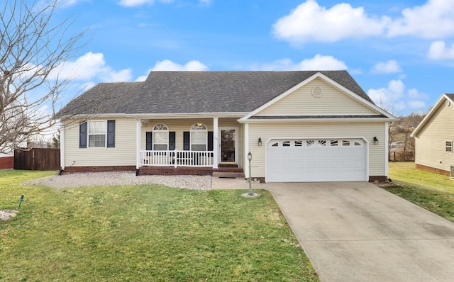 ranch-style home featuring a porch, a garage, a shingled roof, concrete driveway, and a front yard