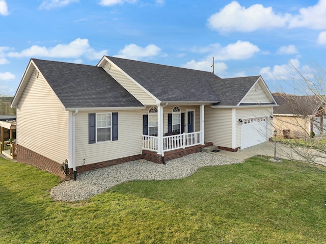 ranch-style house featuring an attached garage, covered porch, roof with shingles, and a front yard