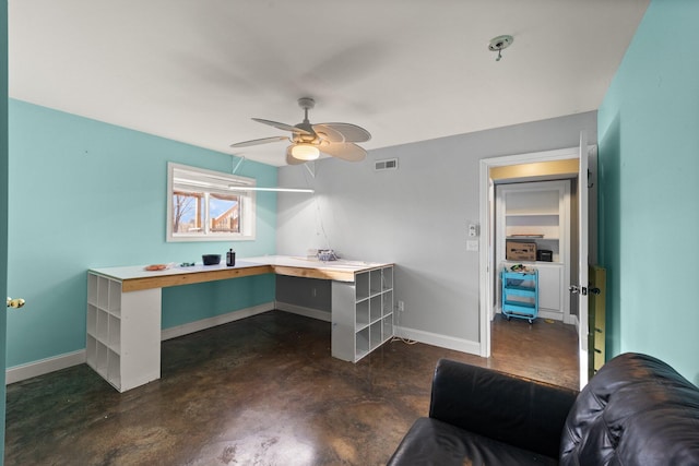 home office featuring ceiling fan, concrete floors, visible vents, and baseboards