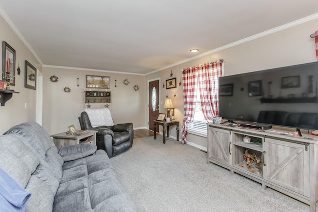 living area with carpet, baseboards, and ornamental molding