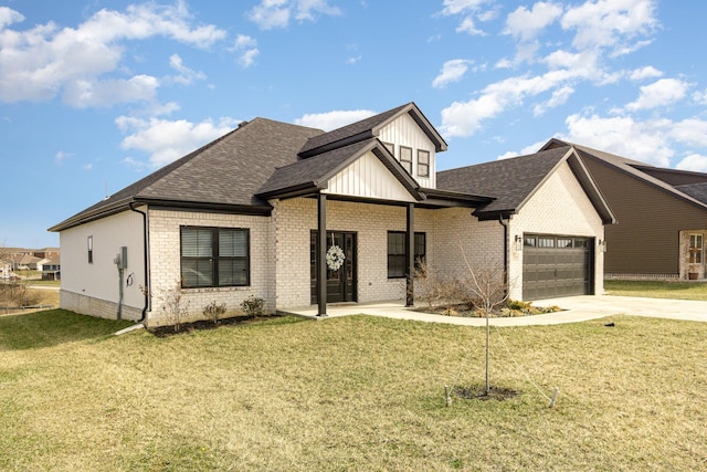 modern farmhouse style home featuring driveway, brick siding, a front lawn, and an attached garage