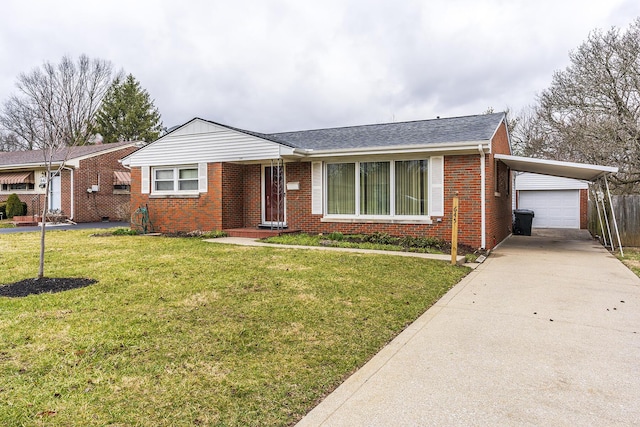 ranch-style house featuring driveway, roof with shingles, an outdoor structure, a front lawn, and brick siding