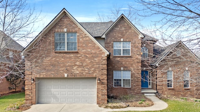 traditional-style home with driveway, a shingled roof, a garage, and brick siding