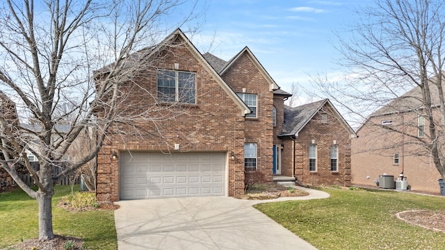 traditional-style home featuring driveway, brick siding, and a front yard