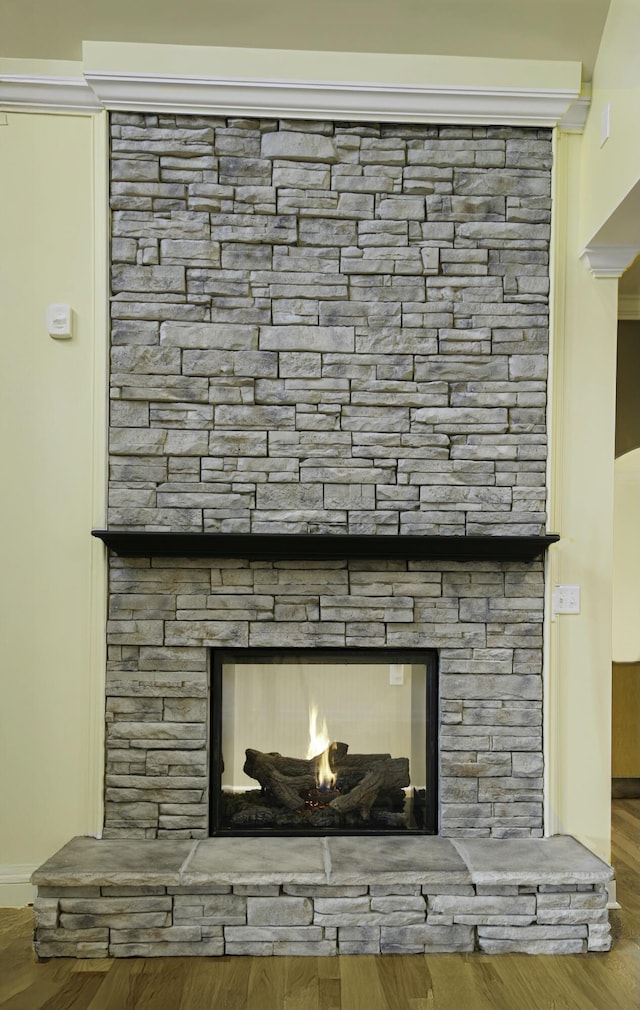 interior details featuring a fireplace and wood finished floors