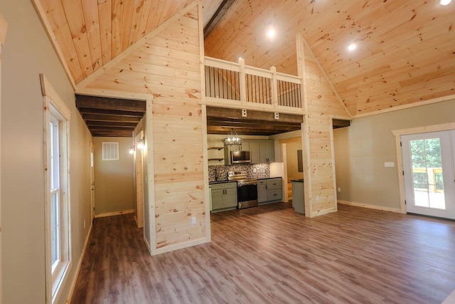 unfurnished living room featuring high vaulted ceiling, wooden ceiling, and visible vents