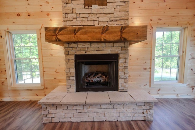 details featuring wood walls, a fireplace, and wood finished floors