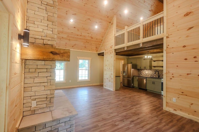 unfurnished living room featuring high vaulted ceiling, dark wood-type flooring, wooden ceiling, and a sink