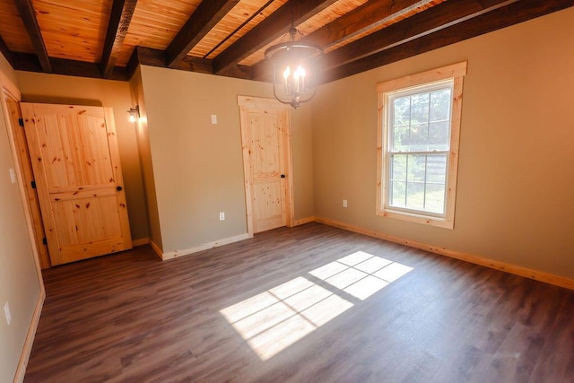 unfurnished bedroom featuring wooden ceiling, baseboards, and wood finished floors