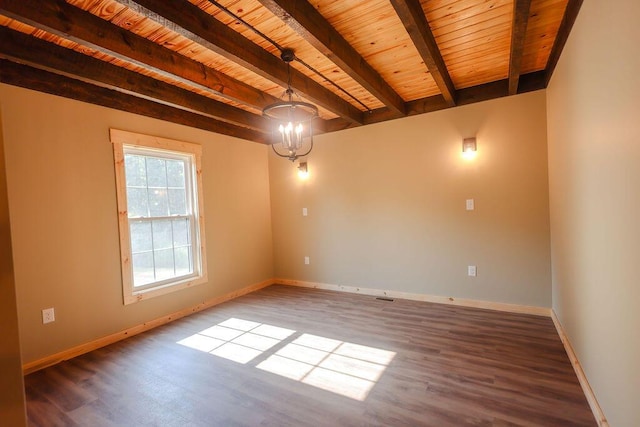 unfurnished room with wooden ceiling, a notable chandelier, baseboards, and wood finished floors