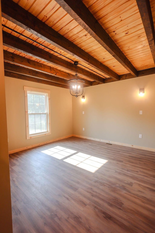 spare room with a chandelier, wood finished floors, wood ceiling, baseboards, and beam ceiling