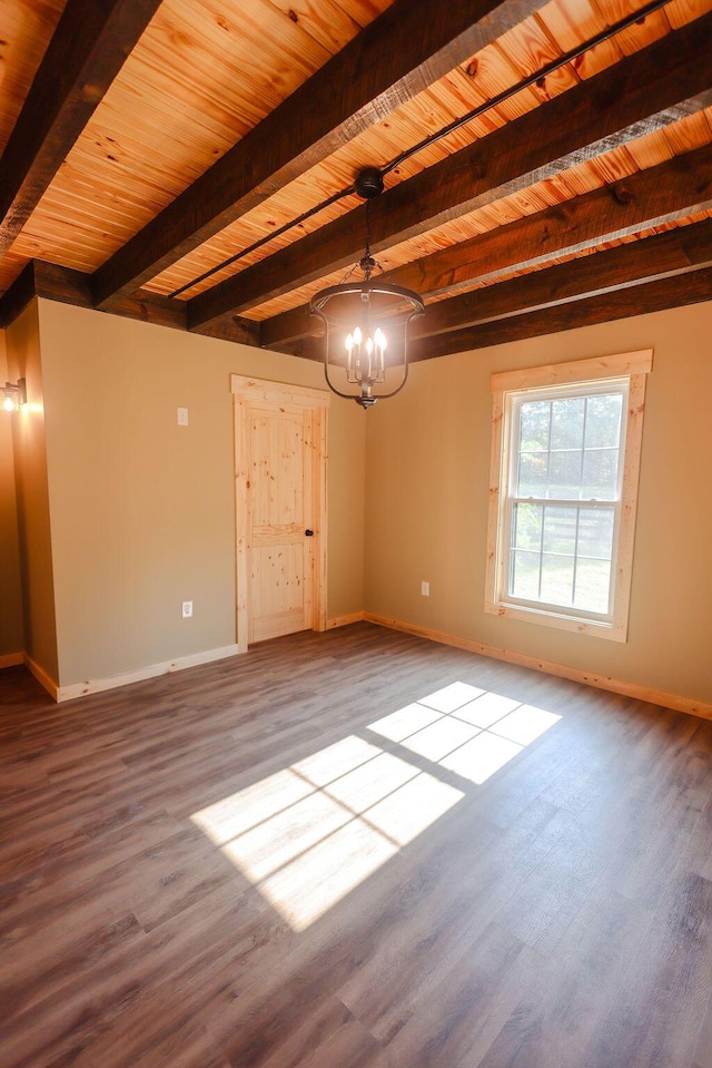 unfurnished room featuring wood finished floors, wood ceiling, and baseboards