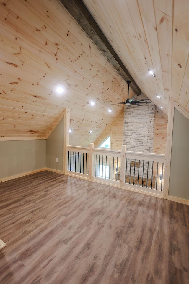 bonus room featuring vaulted ceiling with beams, wooden ceiling, and wood finished floors