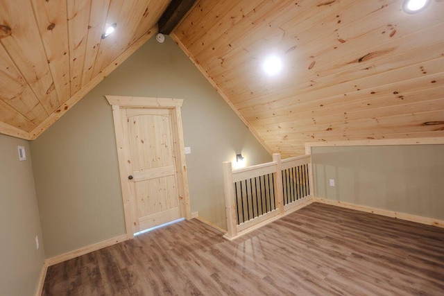 additional living space with wooden ceiling, lofted ceiling with beams, baseboards, and wood finished floors