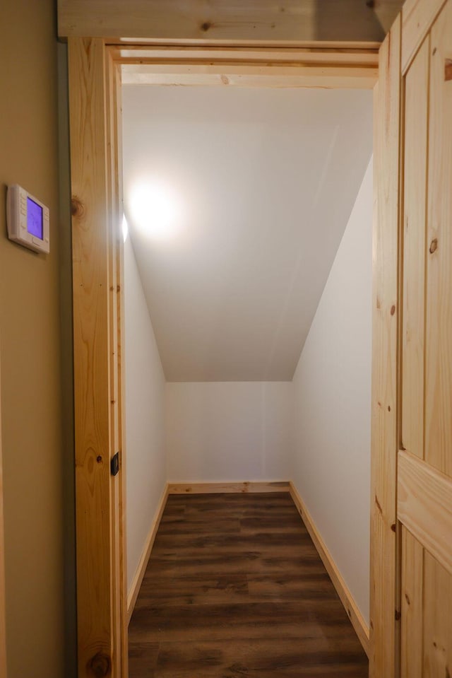 additional living space featuring lofted ceiling, dark wood-style flooring, and baseboards