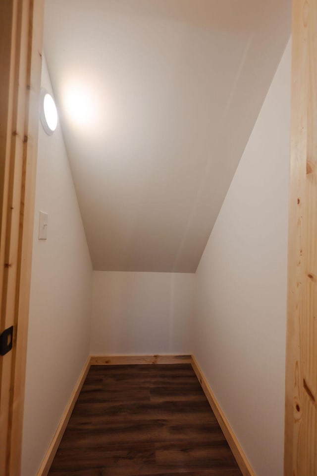 additional living space featuring baseboards, vaulted ceiling, and dark wood-style flooring