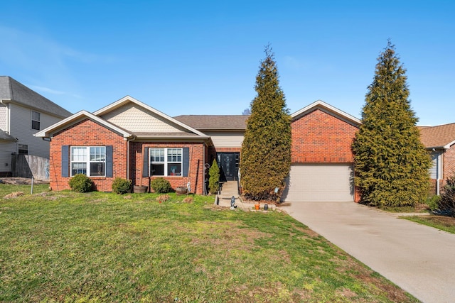 view of front of home featuring a front yard, concrete driveway, brick siding, and an attached garage