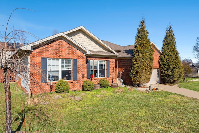 view of front of property with brick siding, concrete driveway, and a front lawn