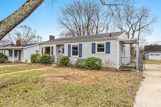 ranch-style house with a front yard, a gate, fence, and a chimney