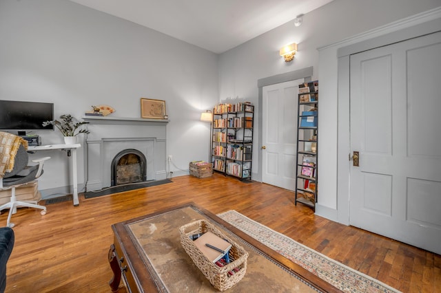 living room with a fireplace with flush hearth and wood finished floors