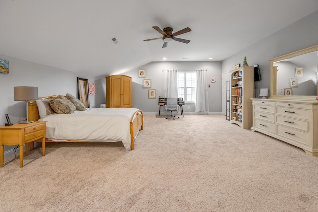 bedroom featuring baseboards, visible vents, light colored carpet, vaulted ceiling, and recessed lighting