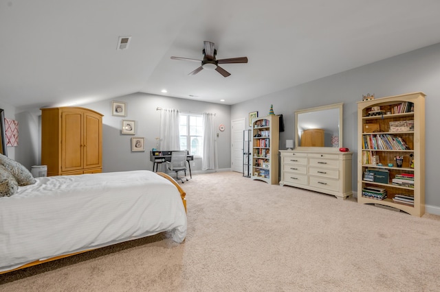 carpeted bedroom with ceiling fan, recessed lighting, visible vents, baseboards, and vaulted ceiling