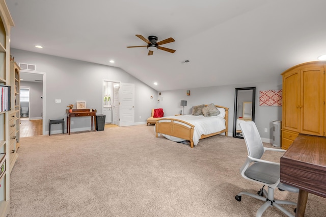 bedroom featuring lofted ceiling, recessed lighting, visible vents, and light colored carpet