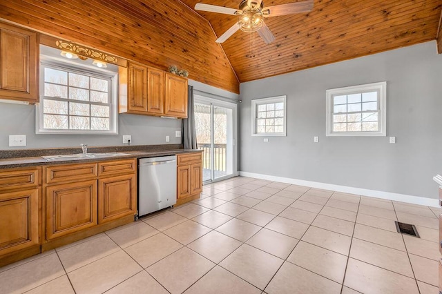 kitchen featuring wood ceiling, vaulted ceiling, stainless steel dishwasher, a sink, and light tile patterned flooring