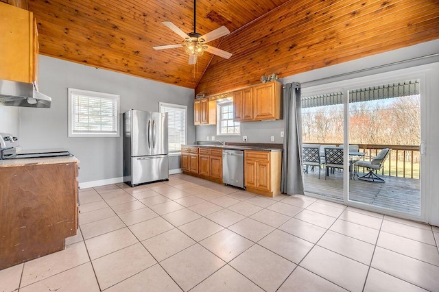 kitchen with light tile patterned flooring, wooden ceiling, stainless steel appliances, a sink, and baseboards