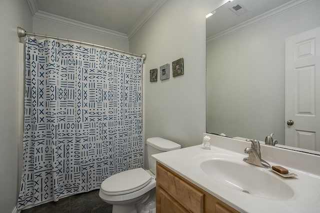 bathroom with visible vents, toilet, tile patterned flooring, crown molding, and vanity