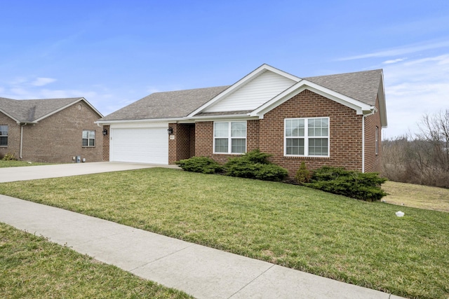 single story home with a garage, brick siding, driveway, roof with shingles, and a front yard