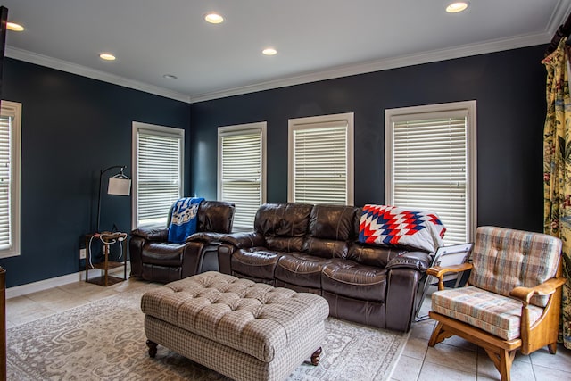 living area with light tile patterned floors, recessed lighting, baseboards, and crown molding