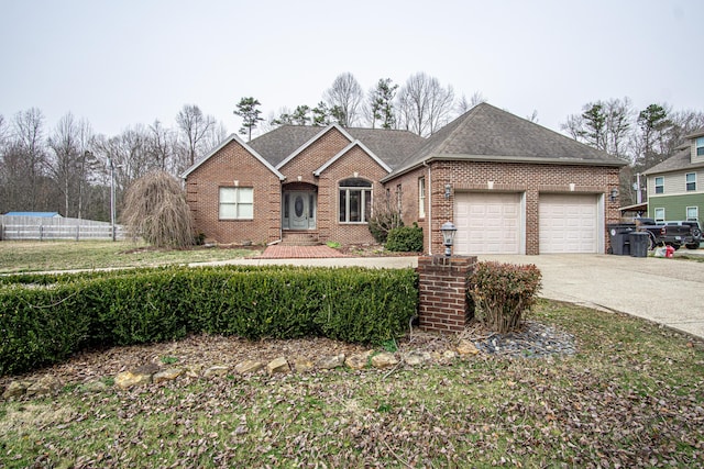 ranch-style house featuring driveway, a garage, a shingled roof, fence, and brick siding