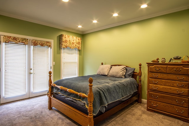 carpeted bedroom with ornamental molding, access to outside, and recessed lighting