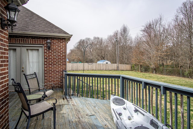 wooden terrace featuring a fenced backyard and a lawn