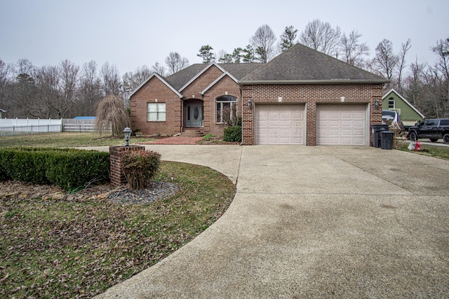 ranch-style house featuring a garage, concrete driveway, roof with shingles, fence, and brick siding